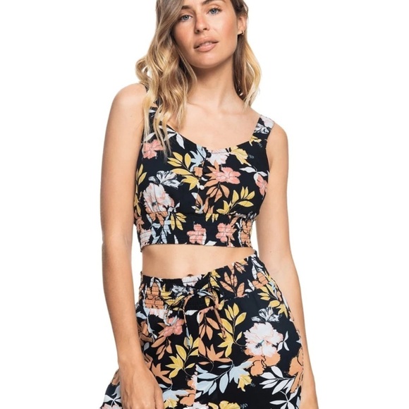 Roxy Black Floral Cropped Sea Fog Tank Top L - Picture 1 of 5